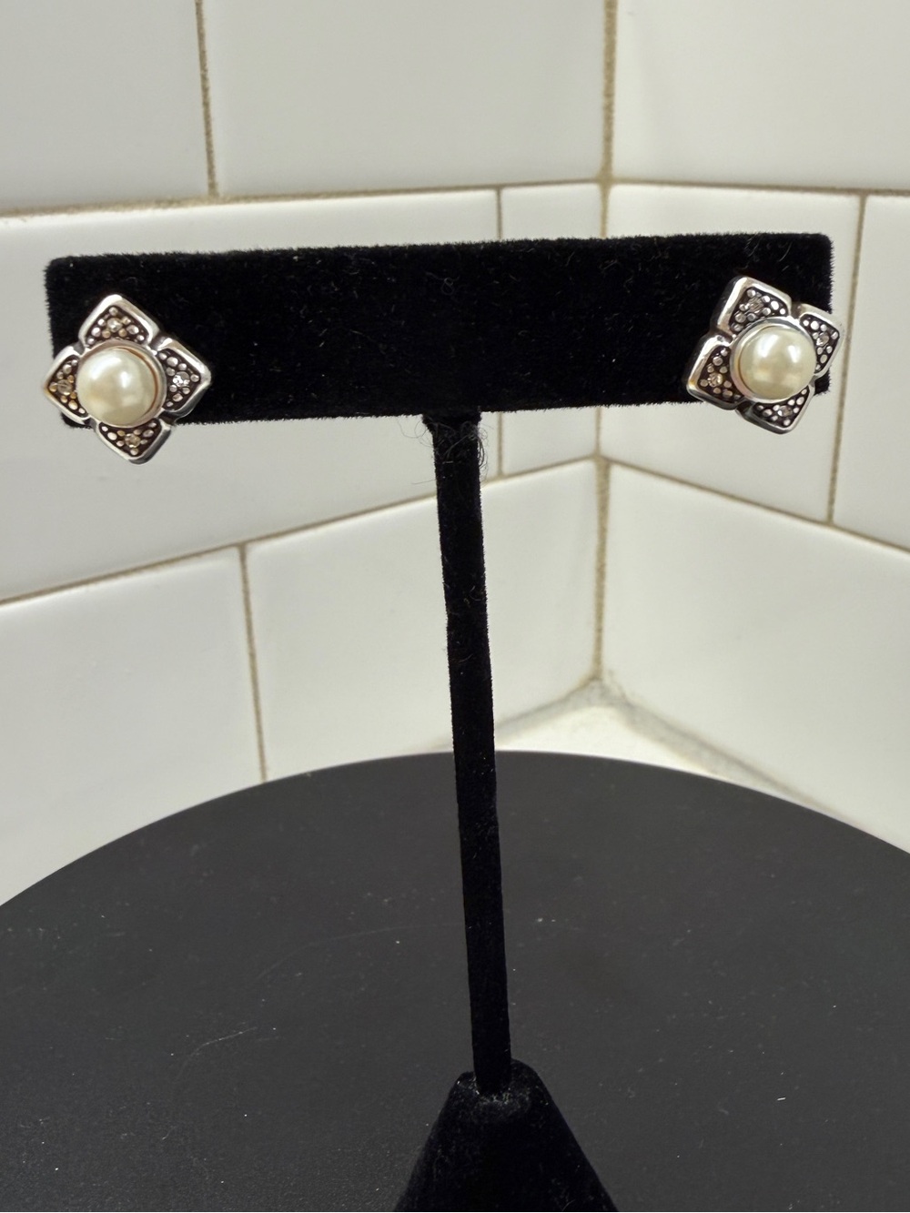 Lab Pearl Accent Silver-Tone Stud Earrings